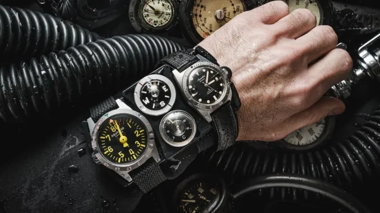 時計、コンパス、水深・温度計。バラバラだった器具を腕元に集約したAquastarのツール・ダイブウォッチ（Navigator）。現代のダイブコンピューターの原型とも言える姿です。