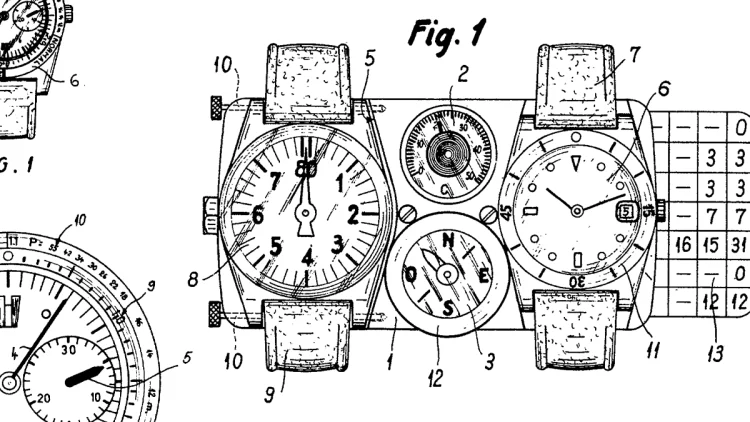 Aquastarが1960年代に取得した特許の設計図。時計、コンパス、水深計などを統合する革新的な構造を示している。